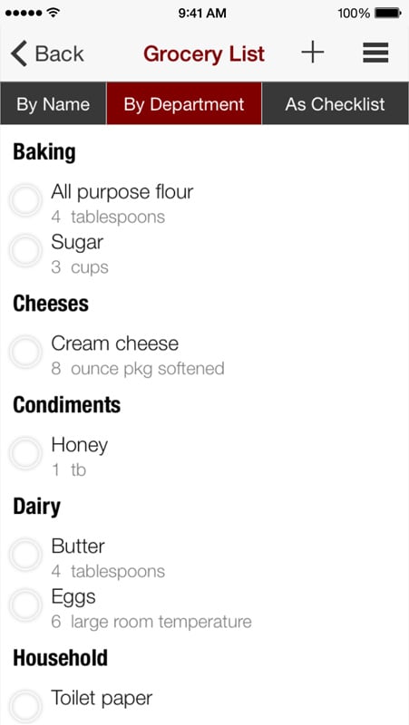 An example of the Big Oven shopping list app