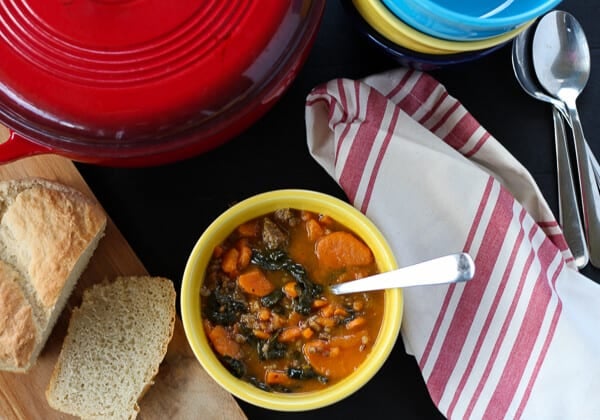 Easy 4 ingredient Sausage, Kale and Sweet Potato Stew