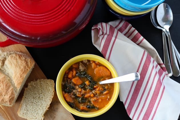 Easy 4 ingredient Sausage, Kale and Sweet Potato Stew