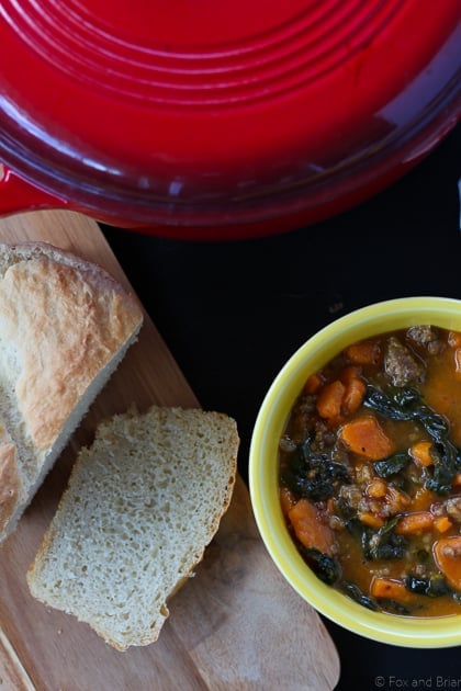 Easy 4 ingredient Sausage, Kale and Sweet Potato Stew