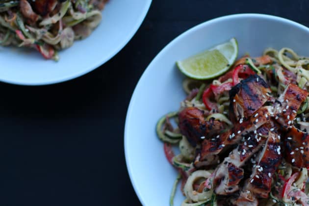 Rainbow Cashew Zoodles with Sesame Grilled Chicken
