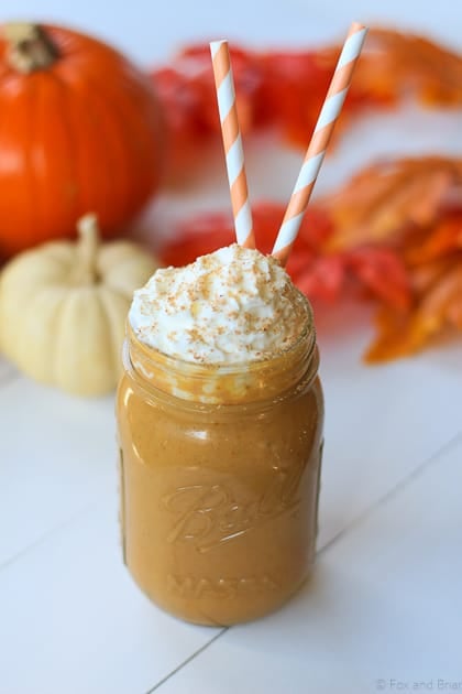 This healthy smoothie has all the pumkpin spice flavor you crave, but is made with healthy ingredients. No refined sugar, sweetened with maple syrup.