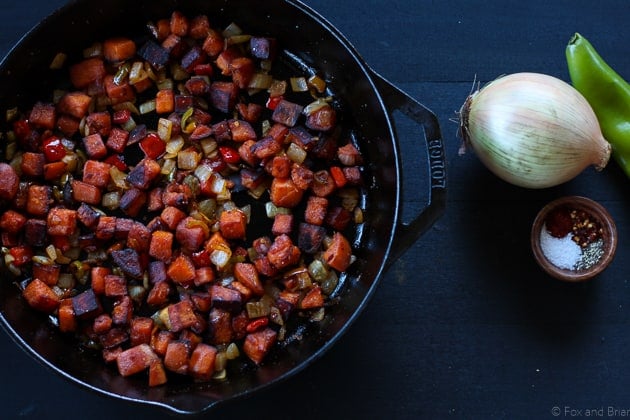 This sweet potato hash is so good! Perfect for breakfast. Gluten free, paleo, vegan, vegetarian. 