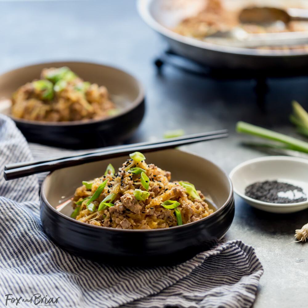 Spaghetti Squash and Pork Stir Fry is a fast and easy low carb dinner with minimal prep. | Quick and Easy Low Carb Dinner Recipe | High Protein Low Carb Dinner Recipes | Low Carb 30 Minute Meals | Low Carb Family Meals | Spaghetti Squash Recipes with Meat | Healthy Spaghetti Squash Recipes | Simple Spaghetti Squash Recipe | How to cook spaghetti Squash 