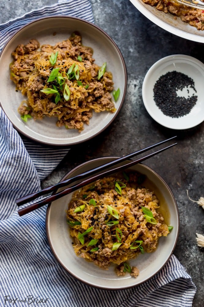 Spaghetti Squash and Pork Stir Fry is a fast and easy low carb dinner with minimal prep. | Quick and Easy Low Carb Dinner Recipe | High Protein Low Carb Dinner Recipes | Low Carb 30 Minute Meals | Low Carb Family Meals | Spaghetti Squash Recipes with Meat | Healthy Spaghetti Squash Recipes | Simple Spaghetti Squash Recipe | How to cook spaghetti Squash 