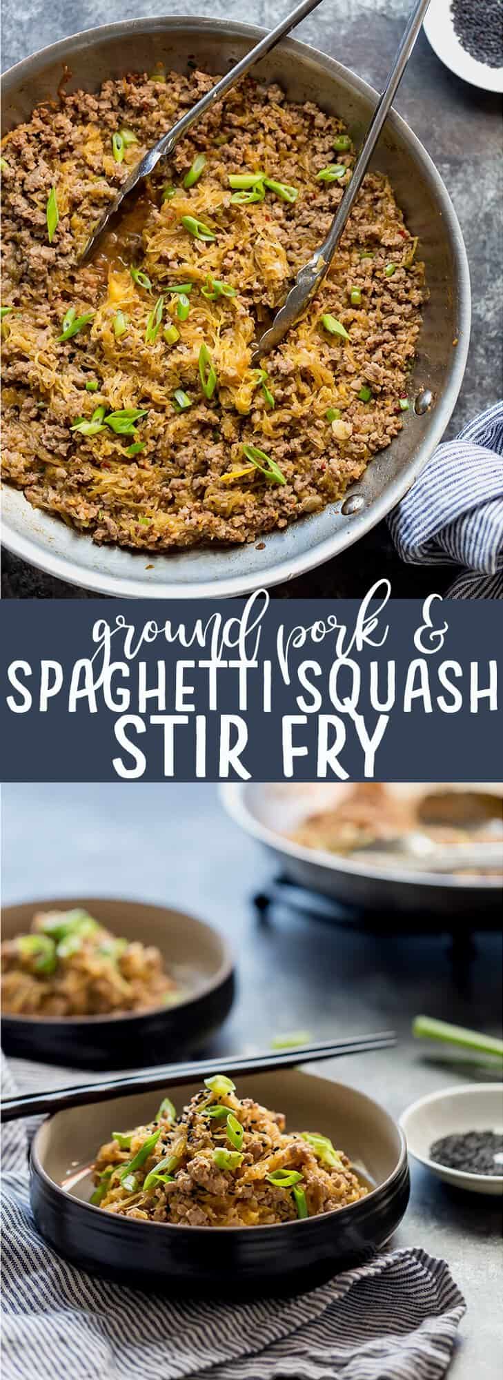 Spaghetti Squash and Pork Stir Fry is a fast and easy low carb dinner with minimal prep. | Quick and Easy Low Carb Dinner Recipe | High Protein Low Carb Dinner Recipes | Low Carb 30 Minute Meals | Low Carb Family Meals | Spaghetti Squash Recipes with Meat | Healthy Spaghetti Squash Recipes | Simple Spaghetti Squash Recipe | How to cook spaghetti Squash 