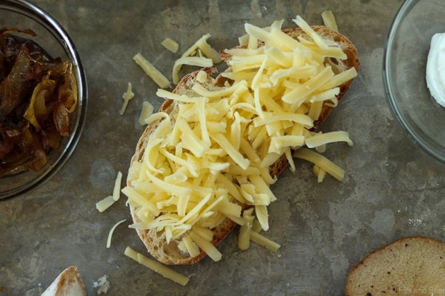 This grown up grilled cheese is stuffed with honey roasted pears, caramelized onions, creamy goat cheese and sharp cheddar.