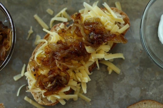 This grown up grilled cheese is stuffed with honey roasted pears, caramelized onions, creamy goat cheese and sharp cheddar.