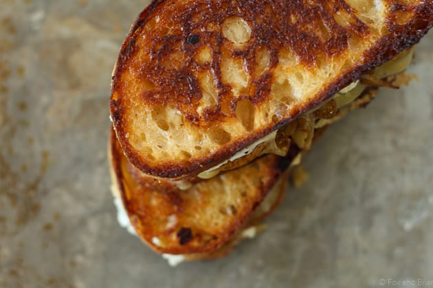This grown up grilled cheese is stuffed with honey roasted pears, caramelized onions, creamy goat cheese and sharp cheddar.