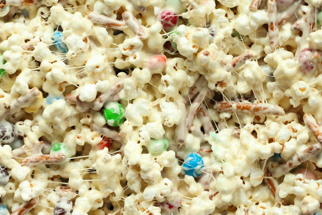 Marshmallow popcorn bars that are stuffed with treats. Plus I made you a playlist!