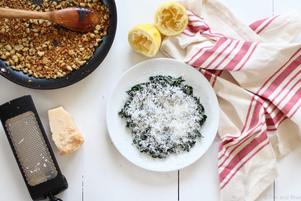 This simple kale salad has 5 ingredients, but it is THE BEST! Based on a salad I had at the fabulous Ava Gene's restaurant in Portland, OR. The kale is massaged, so it is tender, the cheese gives tons of flavor, and homemade breadcrumbs give the perfect crunch.