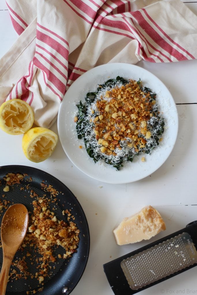 This simple kale salad has 5 ingredients, but it is THE BEST! Based on a salad I had at the fabulous Ava Gene's restaurant in Portland, OR. The kale is massaged, so it is tender, the cheese gives tons of flavor, and homemade breadcrumbs give the perfect crunch.