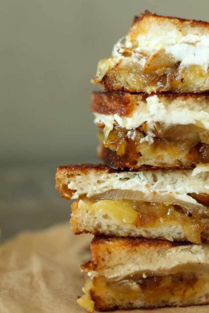 This grown up grilled cheese is stuffed with honey roasted pears, caramelized onions, creamy goat cheese and sharp cheddar.