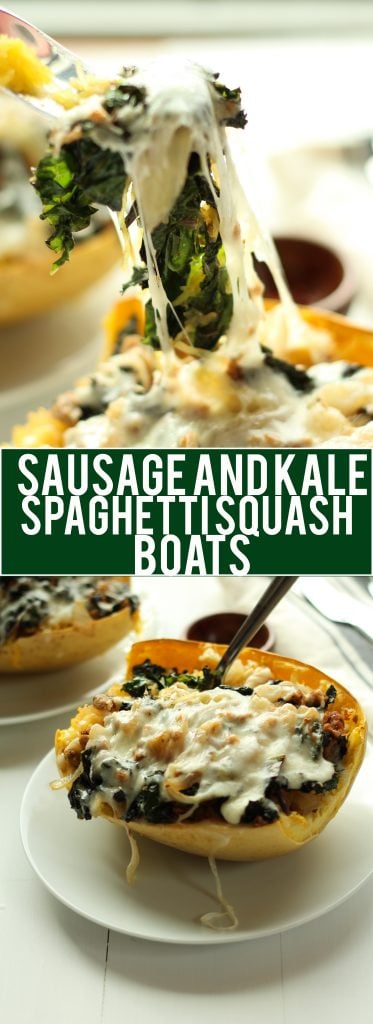 Sausage and Kale Spaghetti Squash Boats! So good! And healthy! Spicy Sausage and Garlicky Kale all topped with melty cheese make this low carb and gluten free meal perfectly satisfying.