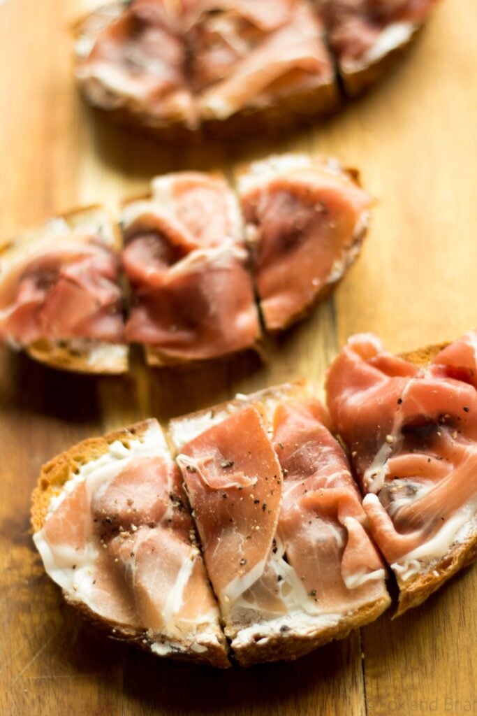 This Fig, Goat Cheese and Prosciutto Bruschetta is a delicious but quick and easy appetizer. The sweetness of the figs, tangy goat cheese and salty prosciutto are a perfect match!