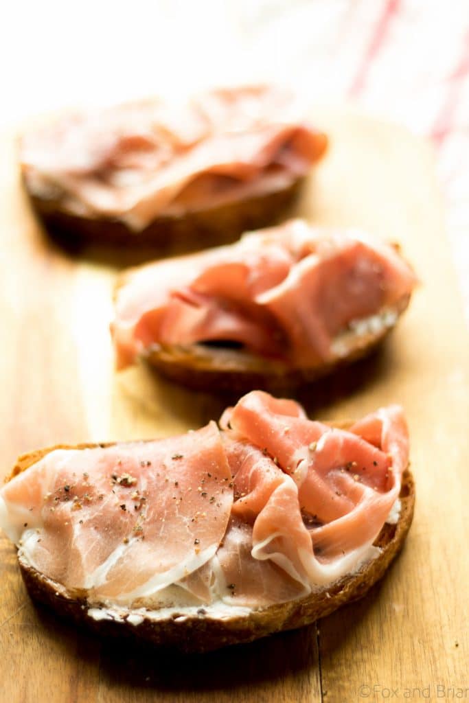 This Fig, Goat Cheese and Prosciutto Bruschetta is a delicious but quick and easy appetizer. The sweetness of the figs, tangy goat cheese and salty prosciutto are a perfect match!