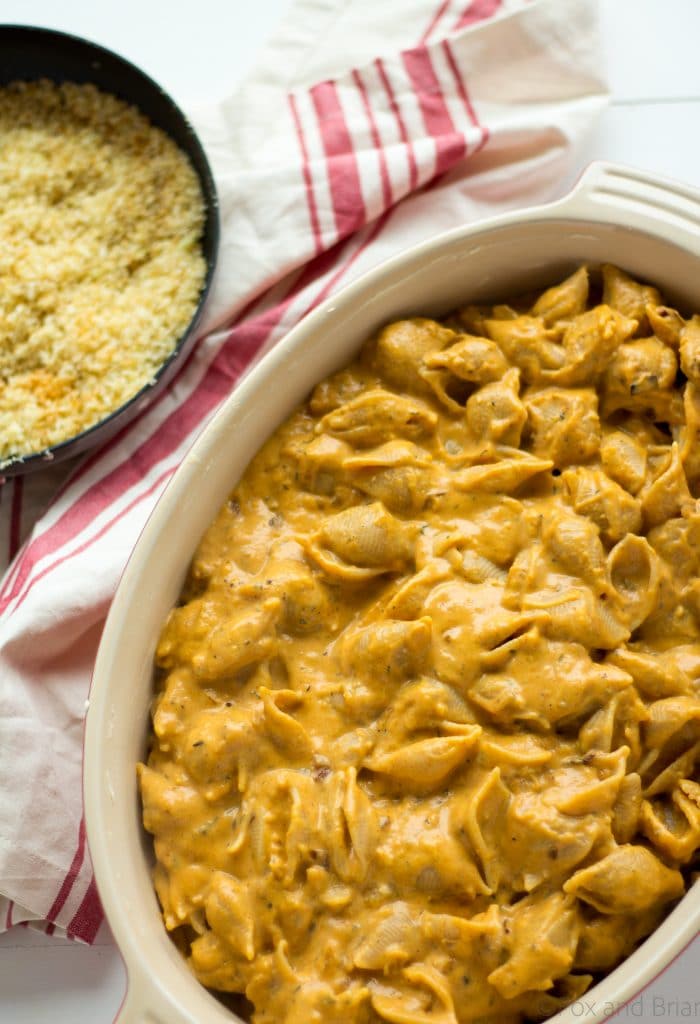 Pumpkin, Gruyere and Goat Cheese Mac and Cheese - This healthier mac and cheese uses pumpkin puree in the sauce, gruyere and goat cheese to make a rich, creamy dish of comfort food.