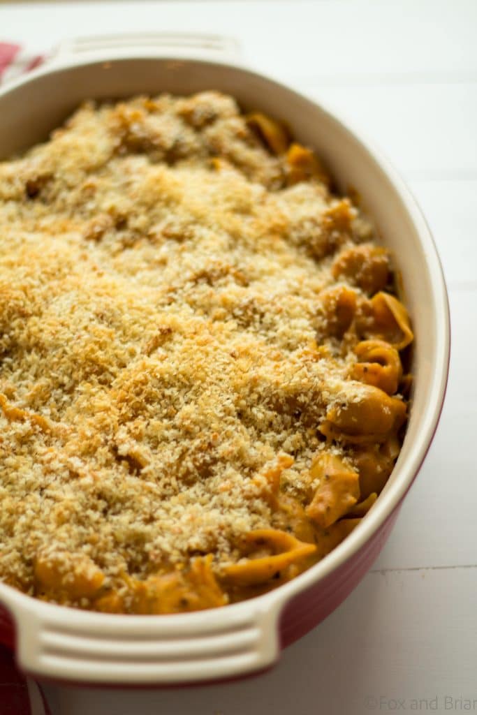 Pumpkin, Gruyere and Goat Cheese Mac and Cheese - This healthier mac and cheese uses pumpkin puree in the sauce, gruyere and goat cheese to make a rich, creamy dish of comfort food.