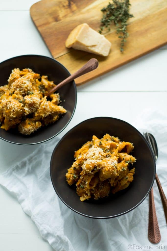 Pumpkin, Gruyere and Goat Cheese Mac and Cheese - This healthier mac and cheese uses pumpkin puree in the sauce, gruyere and goat cheese to make a rich, creamy dish of comfort food.