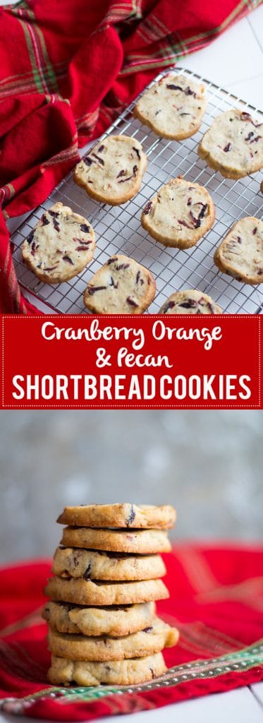 Cranberry Orange and Pecan Shortbread cookies. These easy, slice and bake cookies are flavored with orange zest, vanilla, cranberries and pecans. They are the perfect holiday cookies to give away or keep for yourself!