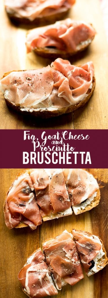 This Fig, Goat Cheese and Prosciutto Bruschetta is a delicious but quick and easy appetizer. The sweetness of the figs, tangy goat cheese and salty prosciutto are a perfect match!