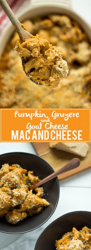 Pumpkin, Gruyere and Goat Cheese Mac and Cheese - This healthier mac and cheese uses pumpkin puree in the sauce, gruyere and goat cheese to make a rich, creamy dish of comfort food.