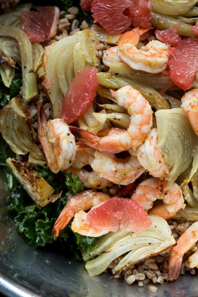 This hearty winter salad has roasted fennel and shrimp with the bright flavor of grapefruit, plus farro and kale for a nutritional powerhouse!