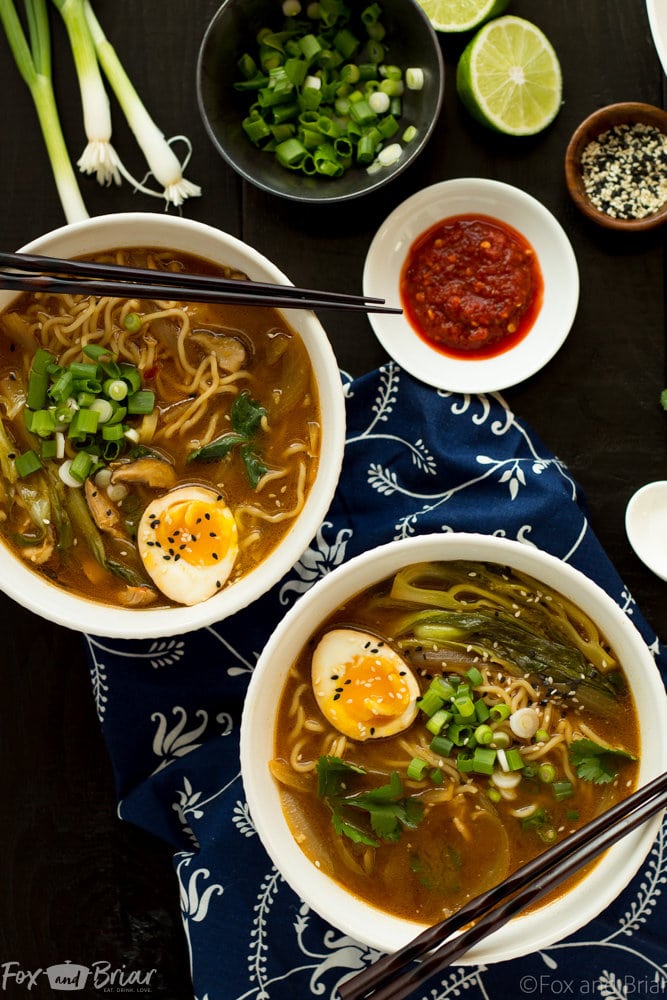 This Easy Chicken Ramen can be made at home in about 30 minutes! A flavorful broth with chicken and noodles, and don't forget the ramen egg!