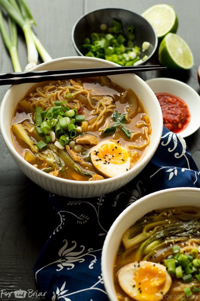 This Easy Chicken Ramen can be made at home in about 30 minutes! A flavorful broth with chicken and noodles, and don't forget the ramen egg!