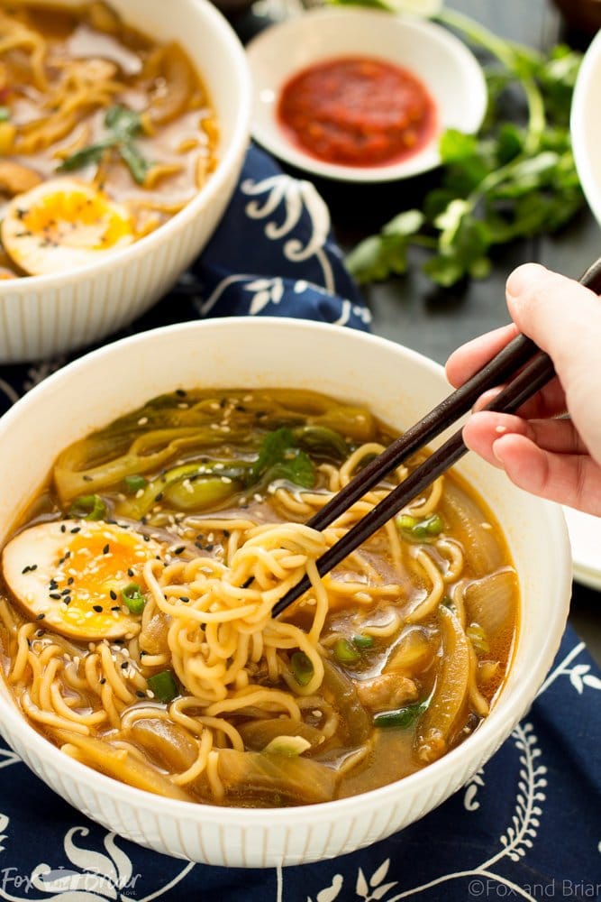 This Easy Chicken Ramen can be made at home in about 30 minutes! A flavorful broth with chicken and noodles, and don't forget the ramen egg!