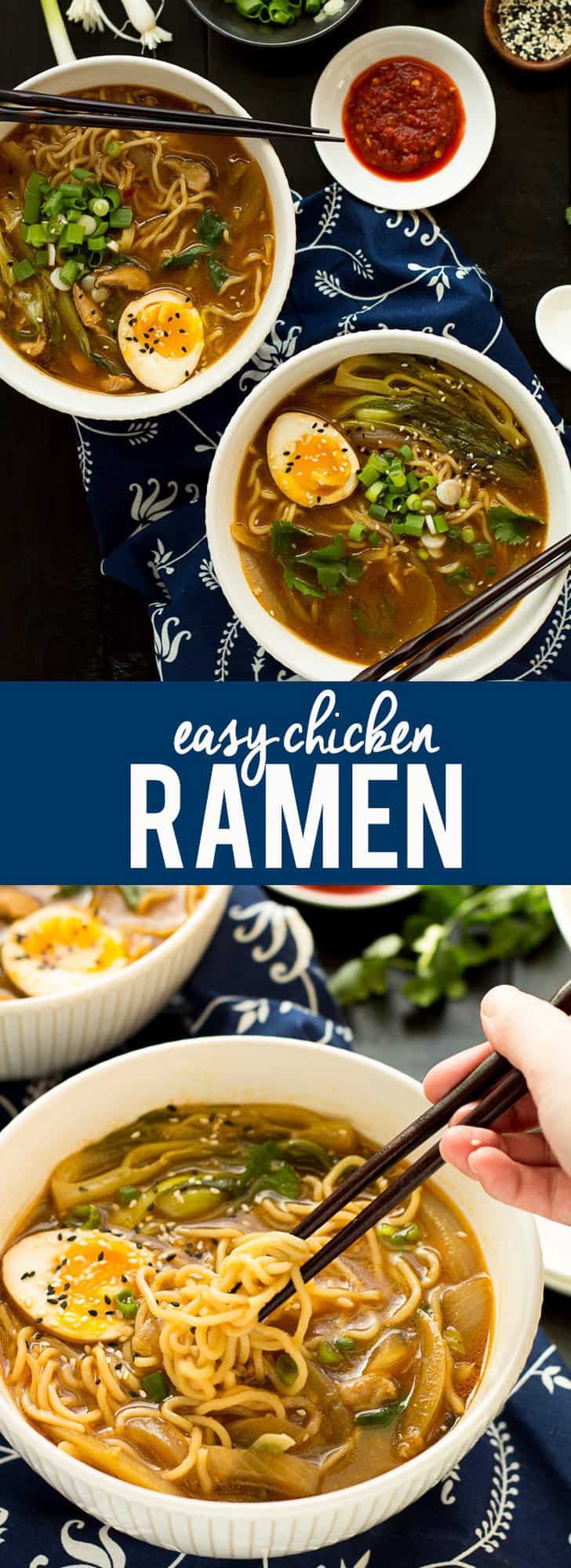 This Easy Chicken Ramen can be made at home in about 30 minutes! A flavorful broth with chicken and noodles, and don't forget the ramen egg!