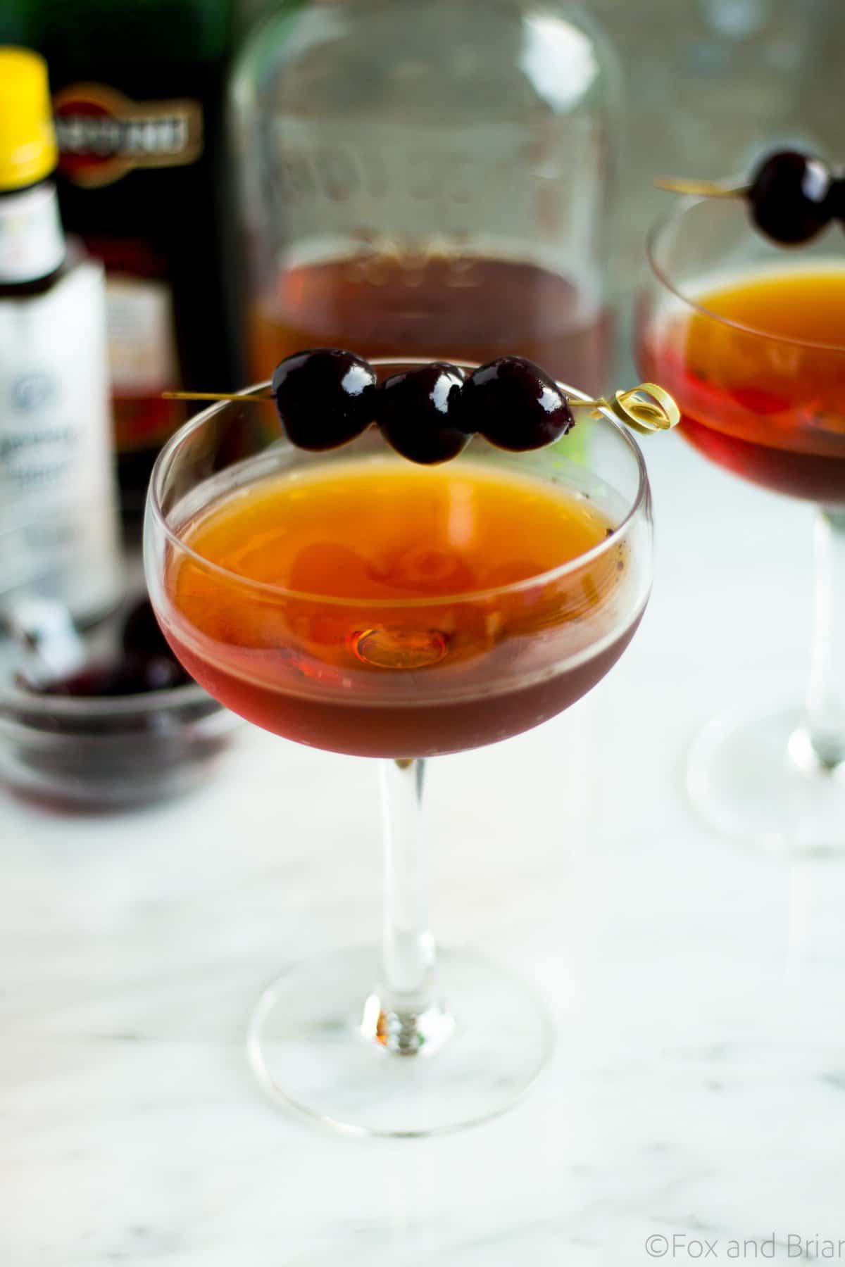 This classic Manhattan cocktail is classic for a reason! Rye whiskey, sweet vermouth plus a secret ingredient that gives a little twist on the original!