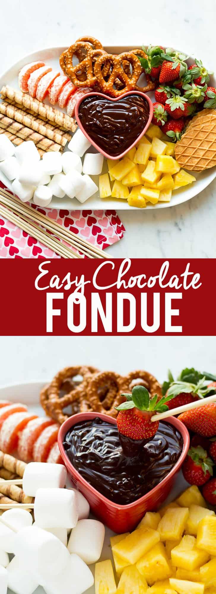 This easy chocolate fondue is a fun dessert for a romantic valentine's day dinner or party. It is rich and chocolaty and doesn't even require a fondue pot!