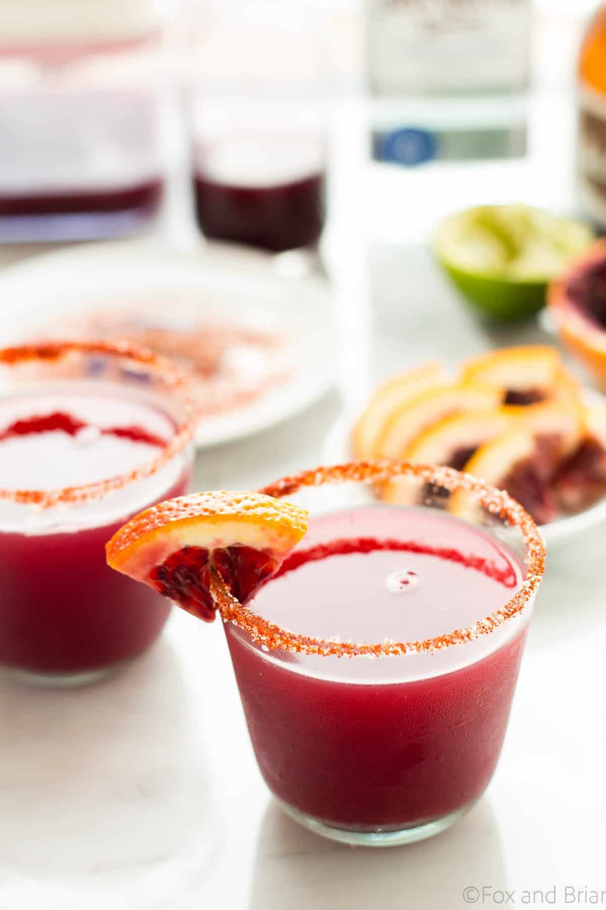 This Fresh Blood Orange Margarita has an optional smoky salted rim. The fresh citrus flavors of the blood orange make this a sweet and tart cocktail, and the smoked paprika salted rim gives it a little something extra.