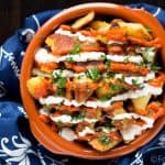 These patatas bravas are crispy even though they are baked not fried! Topped with a delicious smoky salsa brava and garlic aioli, they are totally addictive!