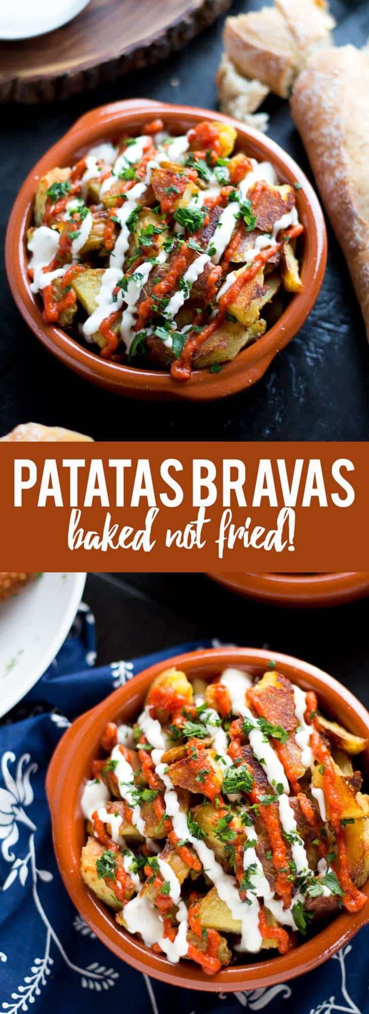 These patatas bravas are crispy even though they are baked not fried! Topped with a delicious smoky salsa brava and garlic aioli, they are totally addictive!