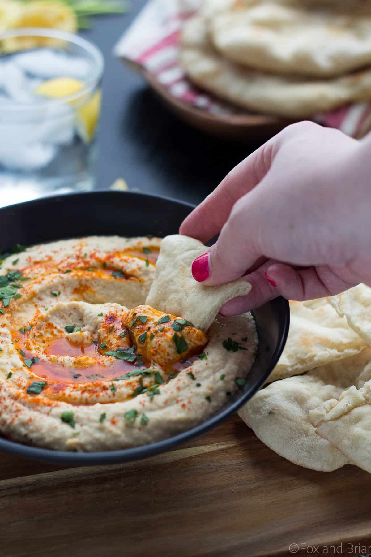 This easy homemade hummus can be made in about 5 minutes and tastes amazing!