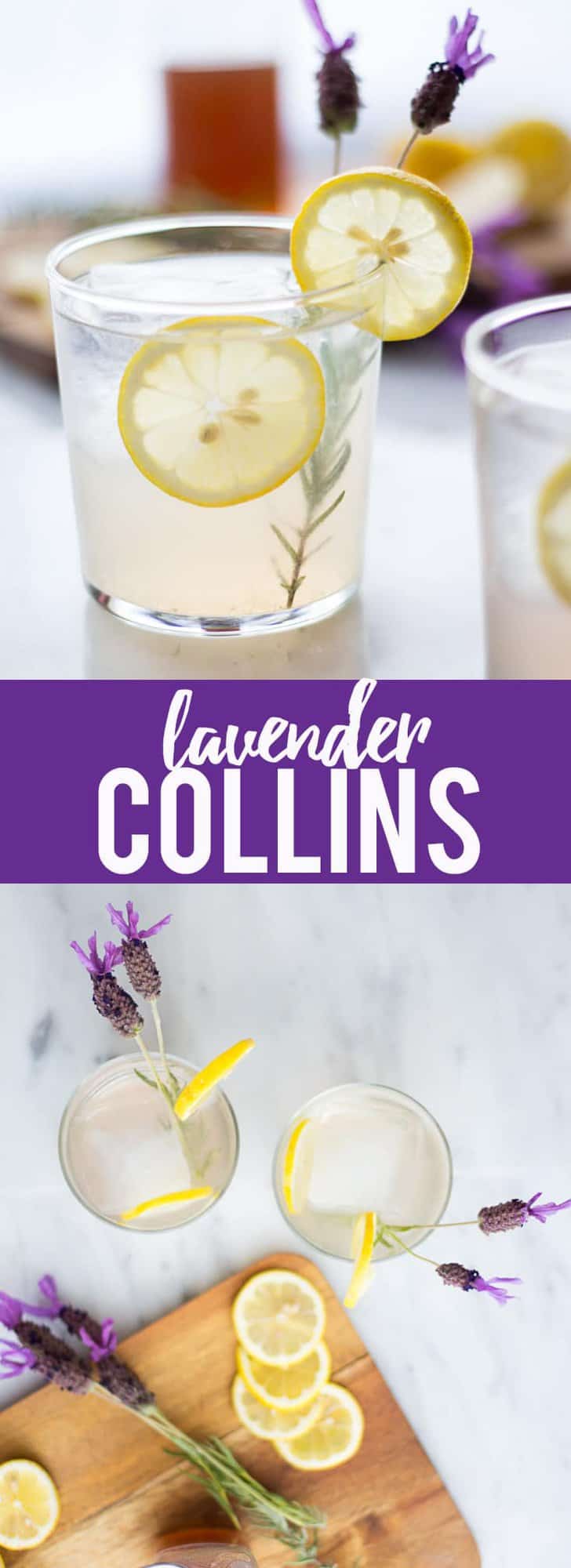 This refreshing Lavender Collins is a fresh twist on a Tom Collins cocktail, with homemade lavender syrup, gin, lemon juice and a splash of sparkling water. 