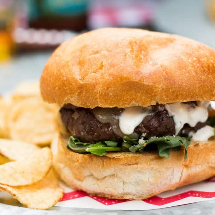 Shallot White Cheddar Burger with Arugula and Garlic Aioli Fox and Briar