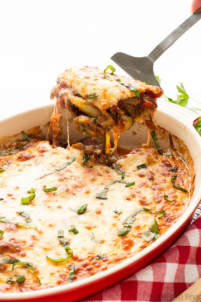 This Mushroom Zucchini Lasagna uses zucchini instead of noodles, has an umami mushroom filling and is topped with bubbling cheese! Even better, it is low carb, gluten-free and vegetarian!