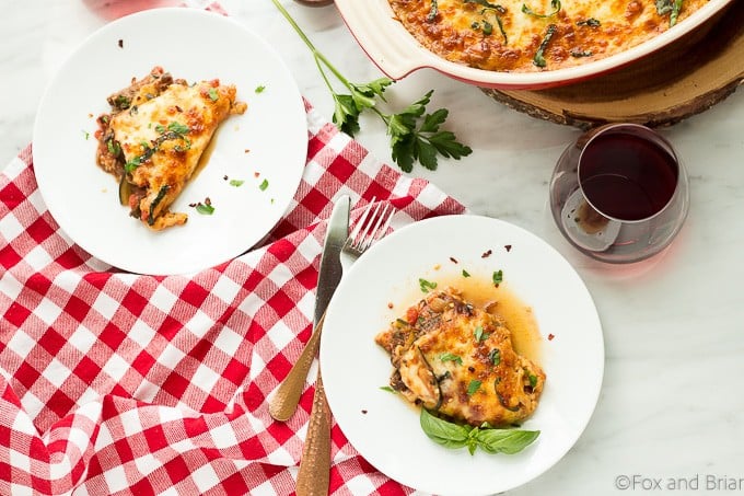 This Mushroom Zucchini Lasagna uses zucchini instead of noodles, has an umami mushroom filling and is topped with bubbling cheese! Even better, it is low carb, gluten-free and vegetarian!