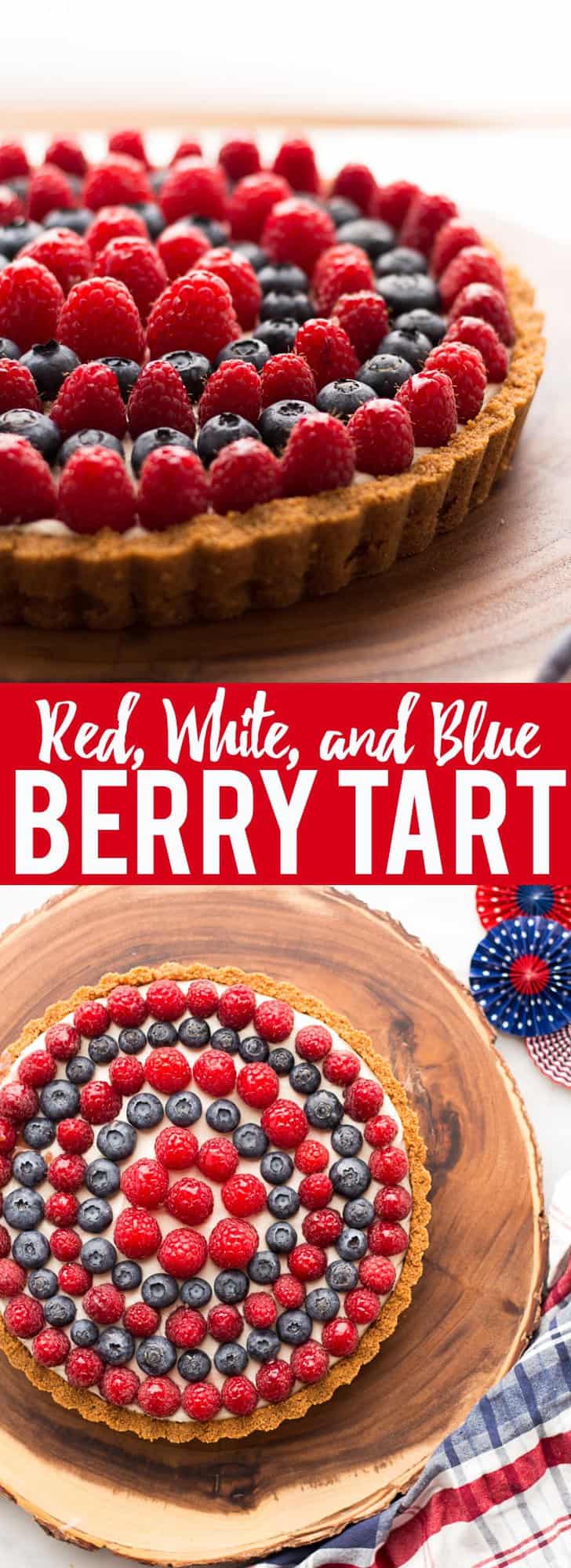 This Red, White and Blueberry Tart is a fresh berry tart perfect for 4th of July or any summer day! Fresh berries, a sweet creamy filling and a graham cracker crust make this simple and delicious tart a total winner!