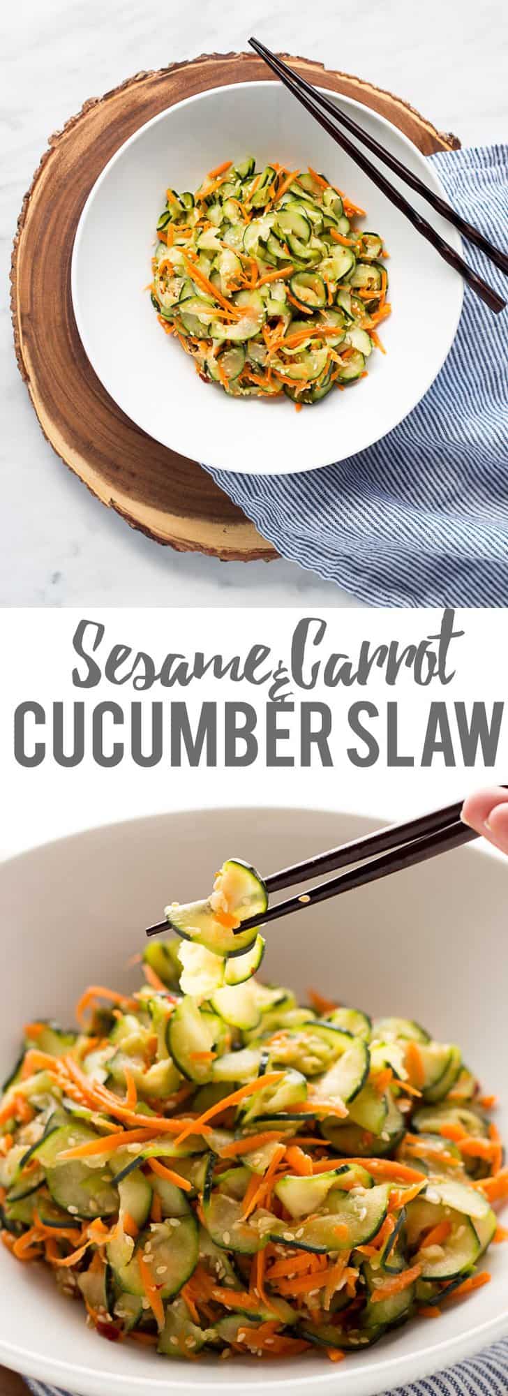 This Sesame Carrot and Cucumber Slaw is a cool and crisp side dish perfect for hot weather! It takes about 15 minutes to make, and is vegan and gluten free!