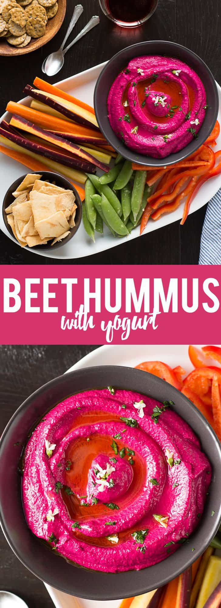 This Creamy Beet Hummus with Yogurt will soon be your favorite way to eat your beets! Roasted beets, tahini and yogurt are blended together to make a creamy and healthy dip with a bright pink color that will blow your mind!