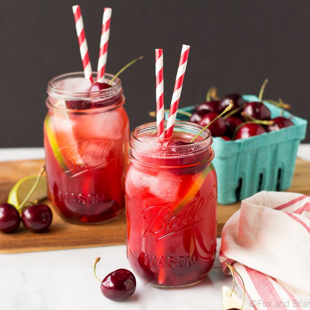 This Sparkling Cherry Limeade uses only four real ingredients - cherries, limes, water and sugar! Cherry Simple syrup mixes with lime juice and sparkling water to make a refreshing summer beverage that everyone can enjoy!