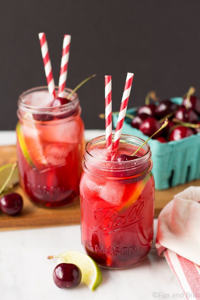 This Sparkling Cherry Limeade uses only four real ingredients - cherries, limes, water and sugar! Cherry Simple syrup mixes with lime juice and sparkling water to make a refreshing summer beverage that everyone can enjoy!
