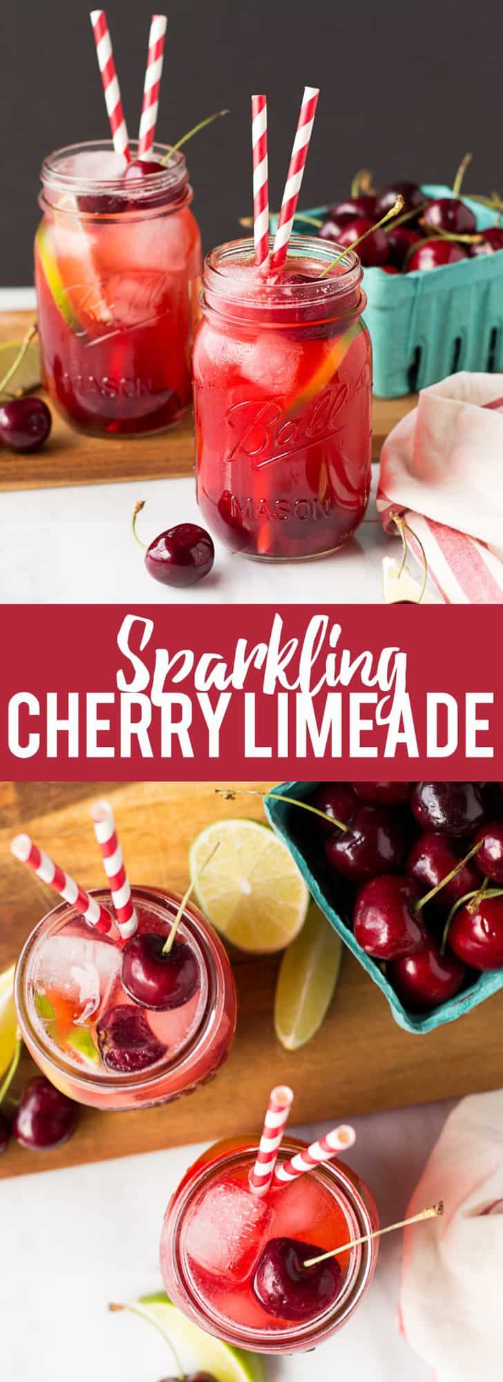 This Sparkling Cherry Limeade uses only four real ingredients - cherries, limes, water and sugar! Cherry Simple syrup mixes with lime juice and sparkling water to make a refreshing summer beverage that everyone can enjoy!