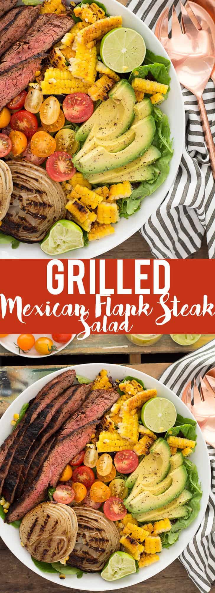 This Mexican Grilled Flank Steak Salad with Honey Lime Dressing has a smoky spiced grilled flank steak, charred corn, grilled onions, creamy avocado and a zingy honey lime dressing. Quick to make inside on the stove or outside on the grill!