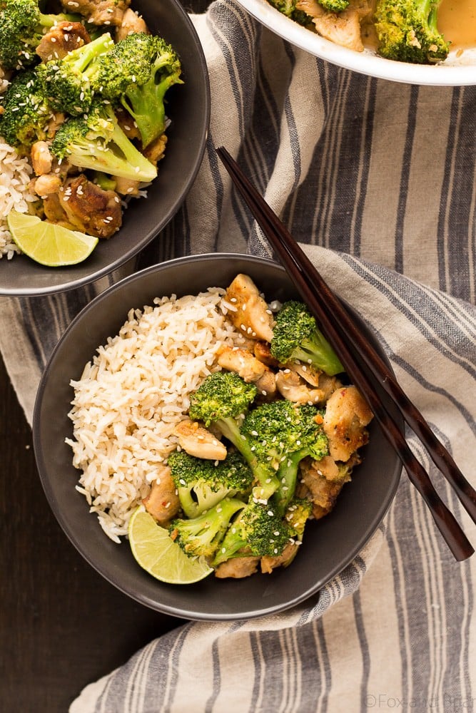 These easy and healthy Peanut Sauce Chicken and Broccoli Bowl only take about 20 minutes to make, and is a dinner the whole family will love! Serve with rice or cauliflower rice for a quick and healthy weeknight dinner!