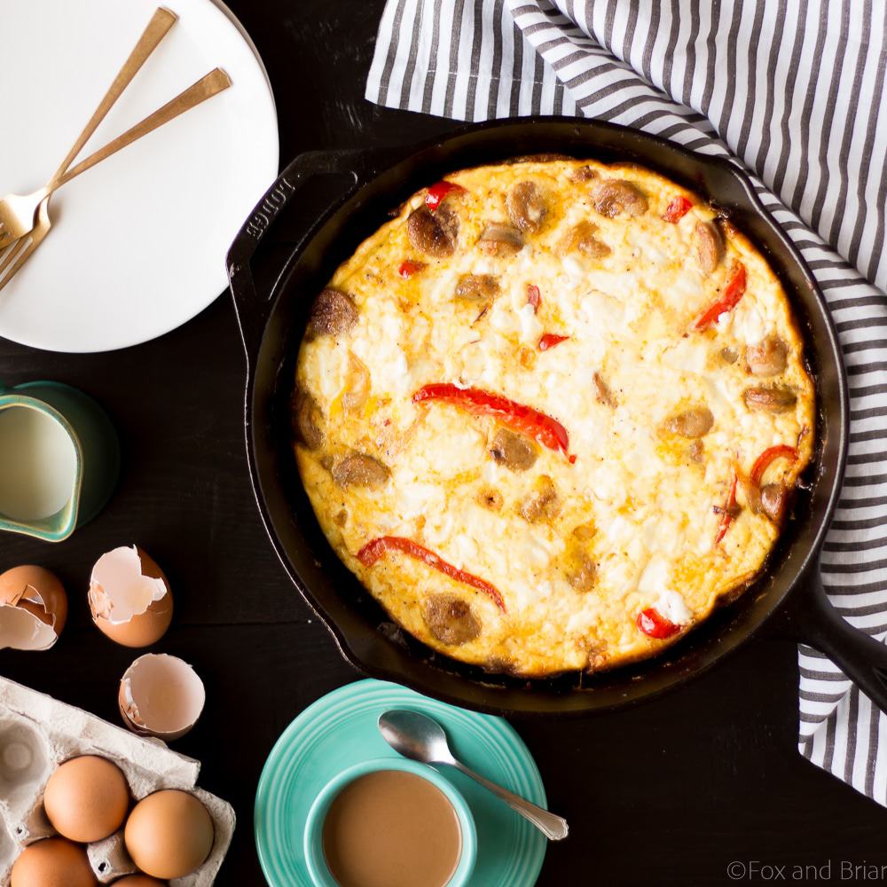 This Sausage, Red Pepper and Goat Cheese Frittata makes an easy, one pan dinner or breezy brunch. High protein, low carb, gluten free and easy to make! #sponsored